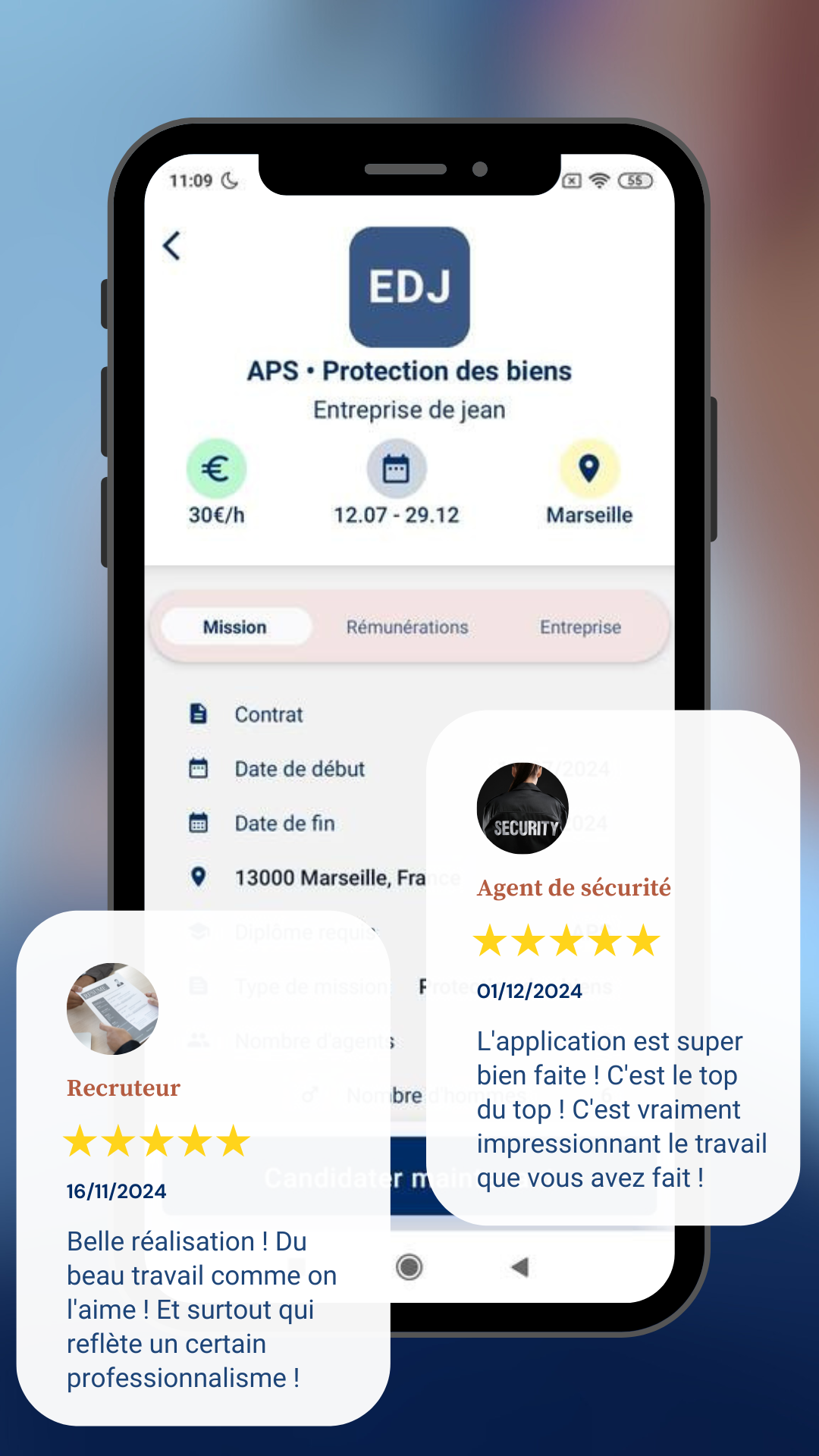 Des témoignages de recruteur d'agents de sécurité privée et témoignages d'agent de sécurité privée sur l'application SeekGuard.